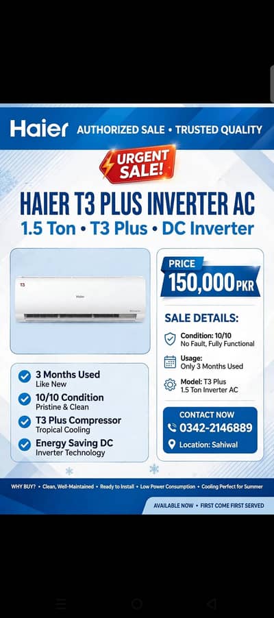Urgent Sale Haier T3 Plus Inverter 1.5 Ton AC