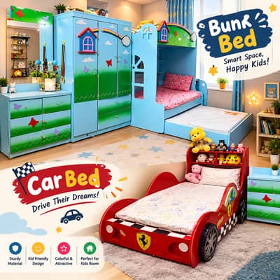 Premium Kids Bedroom Furniture Set – Bunk Bed - Racing Car Bed