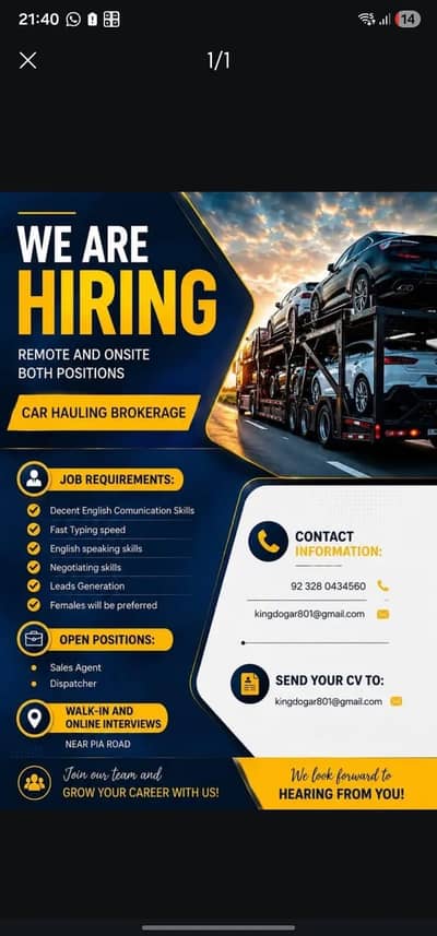 Agents required with good english comunication skills for car hauling