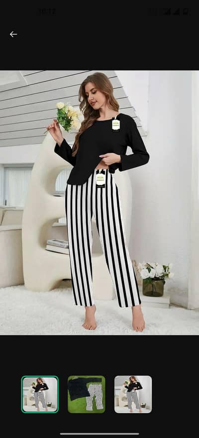 Premium Cotton Night Suit Black - Shirt & Striped Trouser for Women