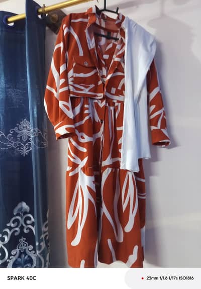 Rust Brown Printed Long Shirt Dress with White Tights - Medium