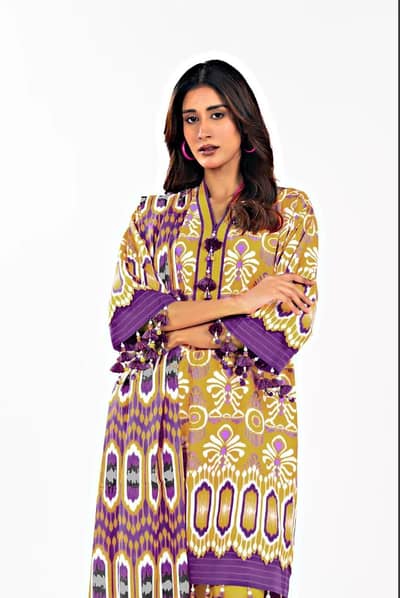 Unstitched Printed Suit Green Purple Dobby Lawn 3Pc