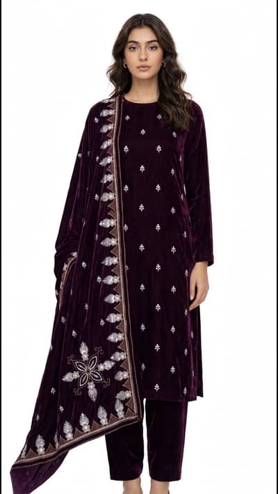 Purple Velvet 3PC Suit Heavy Dupatta - Winter New Collection Peshawar