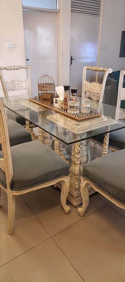 6-Seater Glass Top Antique Carved Dining Table Set