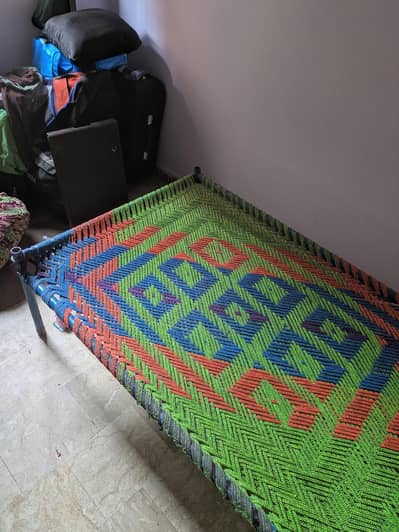 Iron Charpai – Colorful Plastic Niwar – Strong Frame – Urgent Sale