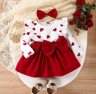 Winter Baby Girl Dress - Heart Print Full Sleeves Frock With Bow + Ha