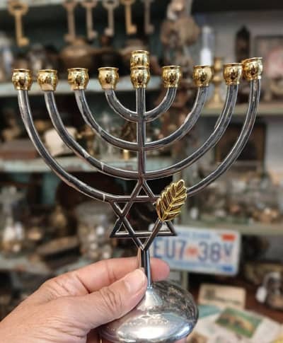 vintage judaica-9 branch menorah silver plated gold cups candle stand