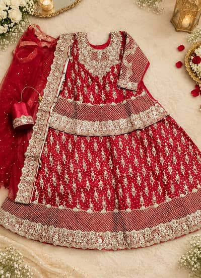 Heavy Embroidered Red Bridal Lehenga Choli with Dupatta & Potli
