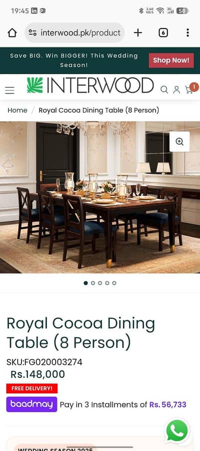 Interwood Dinning Table with 2 Arm chair and 6 chair