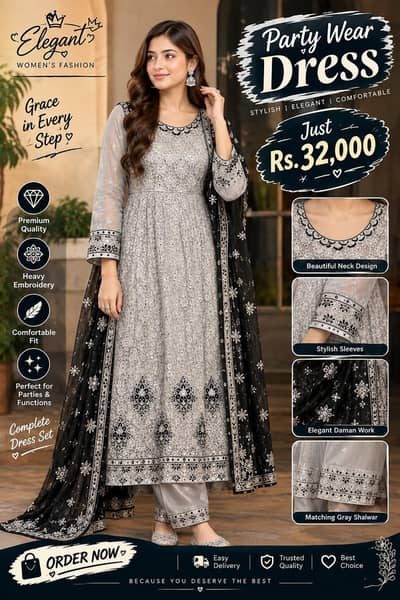 *Elegant Grey Embroidered Party Wear Dress | Black Floral Dupatta |*