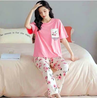 Women Printed Cotton Night Suit Pink 2Pcs