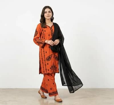 *: Orange Printed Kurta Set with Black Scarf
