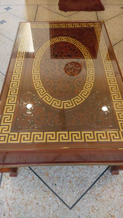 Wooden Center Table High Gloss Polish with Glass Top