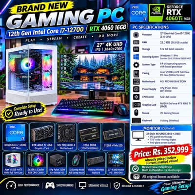 gaming pc /i7-12700 /RTX 4060 Ti 16GB/32GB RAM/4K Monitor