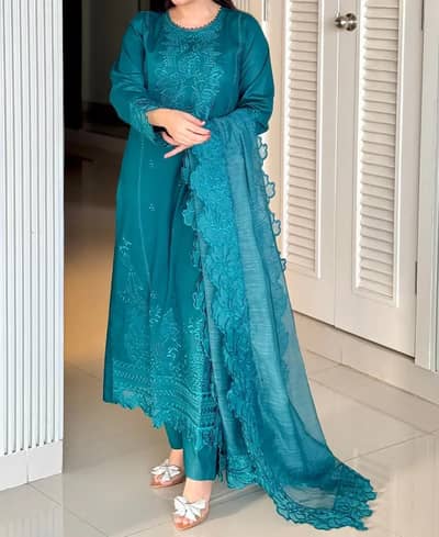 Designer Embroidered 3-Piece Suit with Cutwork Dupatta