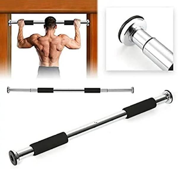 Adjustable doorway pull-up bar for home workouts. Designed for pull-ups and chin-ups, with foam-covered handles for a comfortable grip.