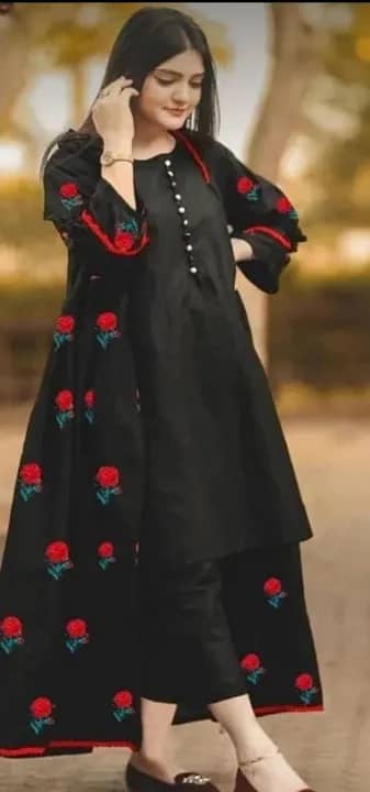 Stylish Black Embroidered Stitched 3PC Dress - Long Frock With Trouse