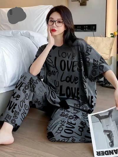 Grey LOVE Printed Night Suit For Girls - 2 Pcs Jersey