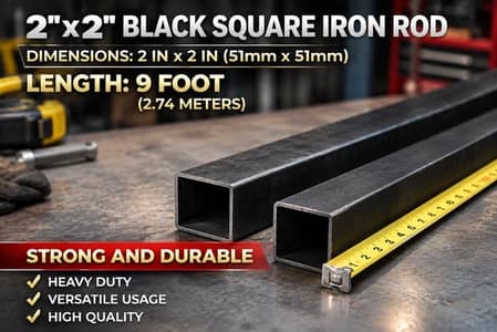 2×2 Black Square Iron Rod 9ft Heavy-Duty | Cage Making & Construction