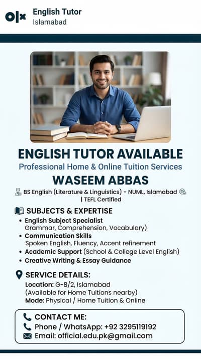 Expert English Tutor Available | BS English & TEFL Certified | Home &