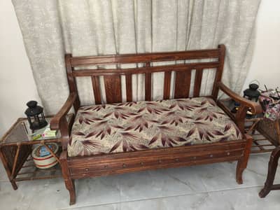 4 seater wooden sofa set with cane side tables