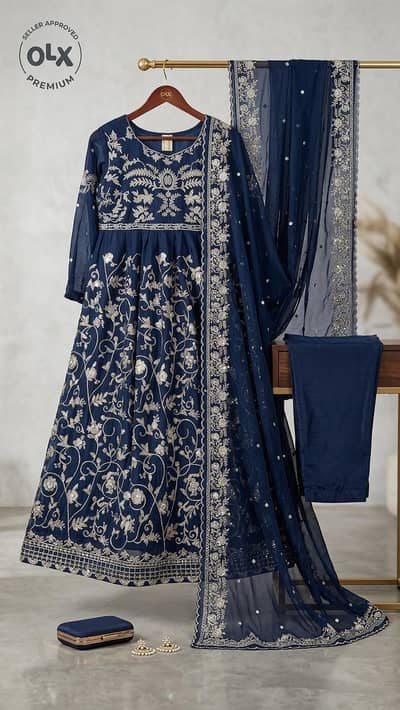 Navy Blue Fancy Embroidered Suit 3 piece