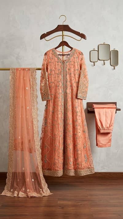 Peach / Coral Pink Net Embroidered Suit 3 piece