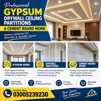 Gypsum Ceiling, Drywall Partitions & Cement Board Work in Islamabad