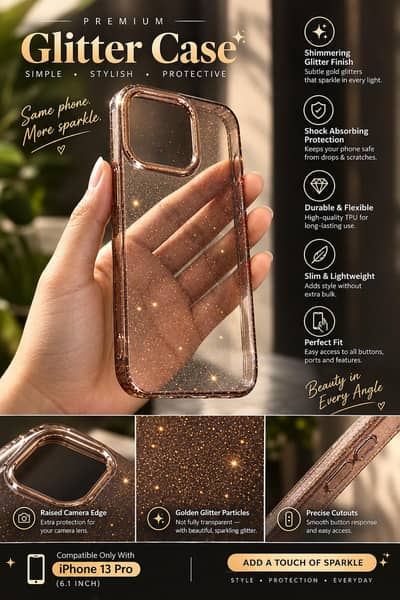Premium Golden Glitter Clear Case for iPhone 13 Pro | Sparkle Cover