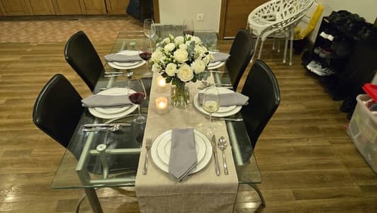 LUXURY MODERN DINING SET |  4 Chairs  |  60" Heavy Glass|  Almunium
