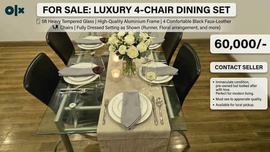 LUXURY HEAVY DINING TABLE |  4 Chairs  |  60" Heavy Glass|  Almunium