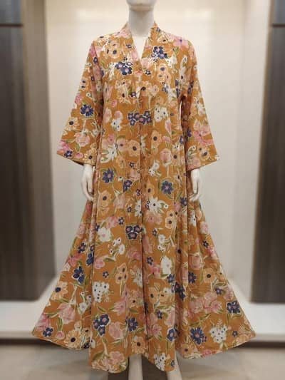 Mustard Floral Print Long Abaya