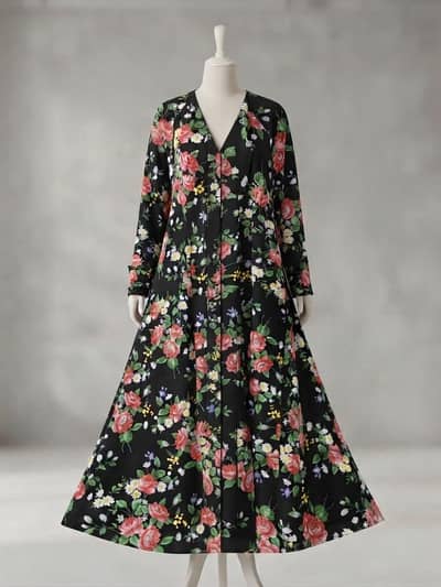 Black Floral Print Long Abaya