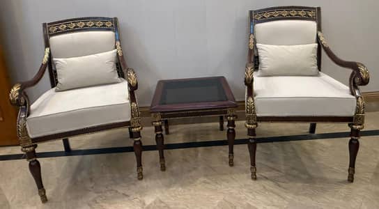 Royal carved wooden 2 armchairs with glass side Table - 3 peice set