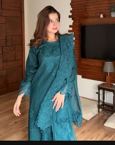 stunning 3 pcs women stitched embrioded suit