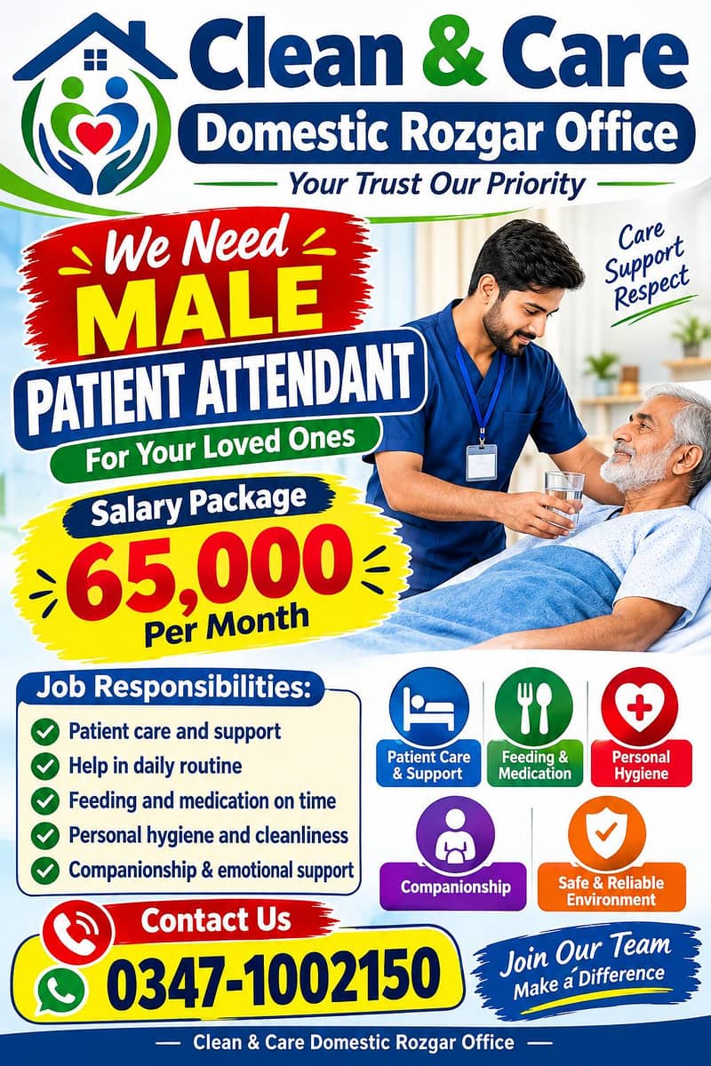 ہمارے ادارے کو مریض کی دیکھ بھال کے لیے ایک میل پیشنٹ کی ضرورت ہے ۔ 0