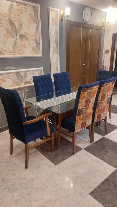 6 Seater Glass Top Dining Table with 6 Velvet Chairs – Wooden Frame”