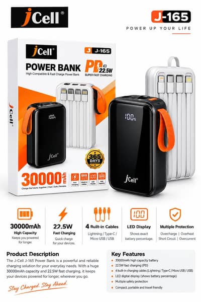 Jcell J-165 30,000mAh Power Bank — 22.5W Fast Charging