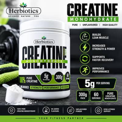Herbiotics Creatine Monohydrate 300g | 5g Per Serving | Pure Creatine