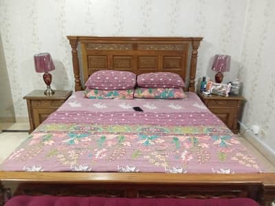 Solid Walnut Wood Bedroom Set – King Size Bed, Dressing Table & 2 Arm