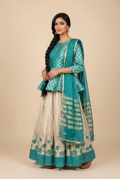 Gorgeous Teal & Cream Traditional Lehenga Set