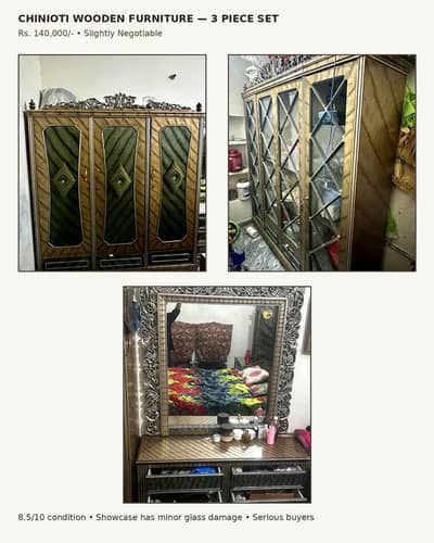  ORIGINAL CHINIOTI WOODEN FURNITURE — 3 PIECE SET 