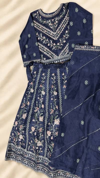 Elegant Navy Blue Organza  Embroidered 3 Piece Lehenga for Women