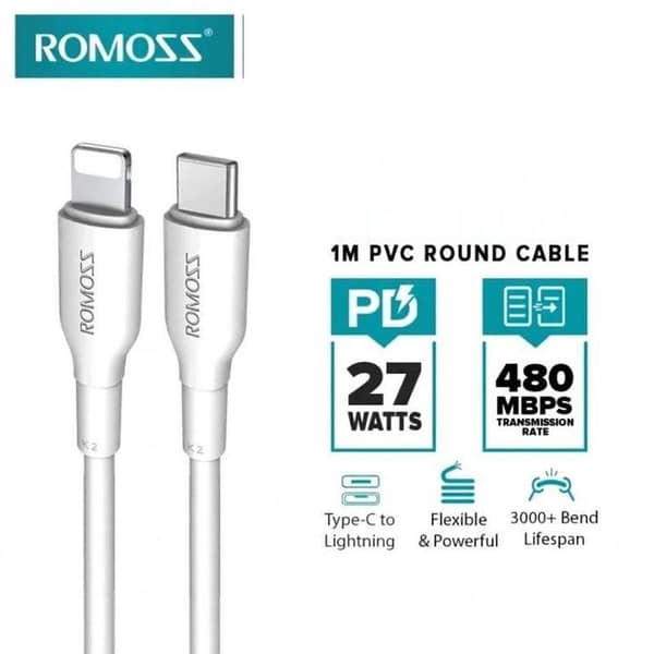 Original Romoss 27W PD Fast Charging Cable For iOS i-Phone 14 13 12 11 Pro Max Mini Pad - Type C to IP Fast Charger Data Cable 1M PVC Round Cable