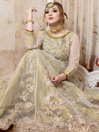 Gold Pista Heavy Embroidered Kalidar Maxi Occasion: Baraat, Walima, Re