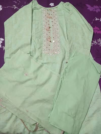 Elegant Mint Green 3-Piece Embroidered Suit with Mirror Work