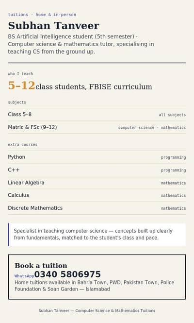 Experienced Home Tutor | All Subjects | Matric, FSc & Federal Board