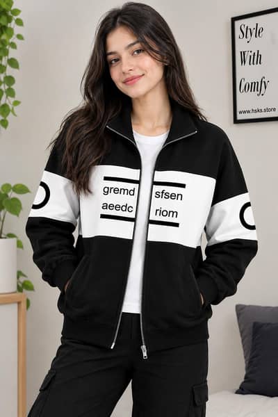 Women’s White & Black Zip-Up Winter Fleece Jacket
