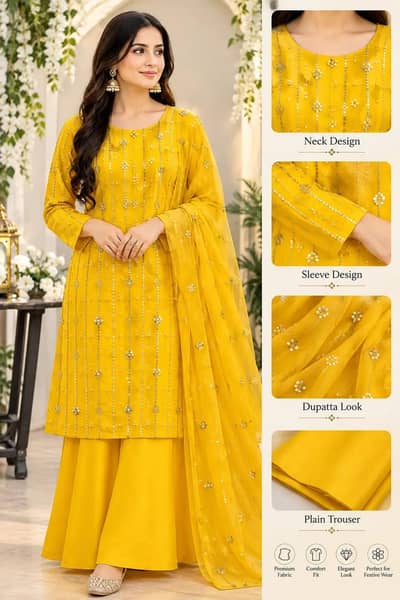 3 pcs woman's Unstitched Cquins Embroidered suit