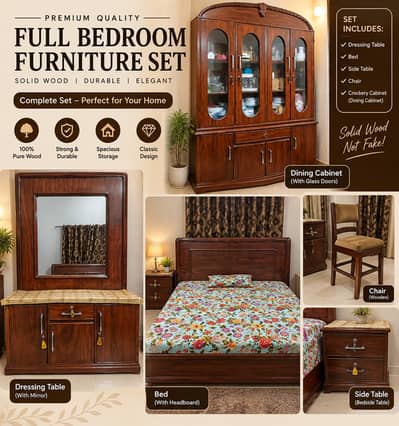 Wooden Bedroom Furniture set, Bed dresing, Side tables,Dinning cabinet